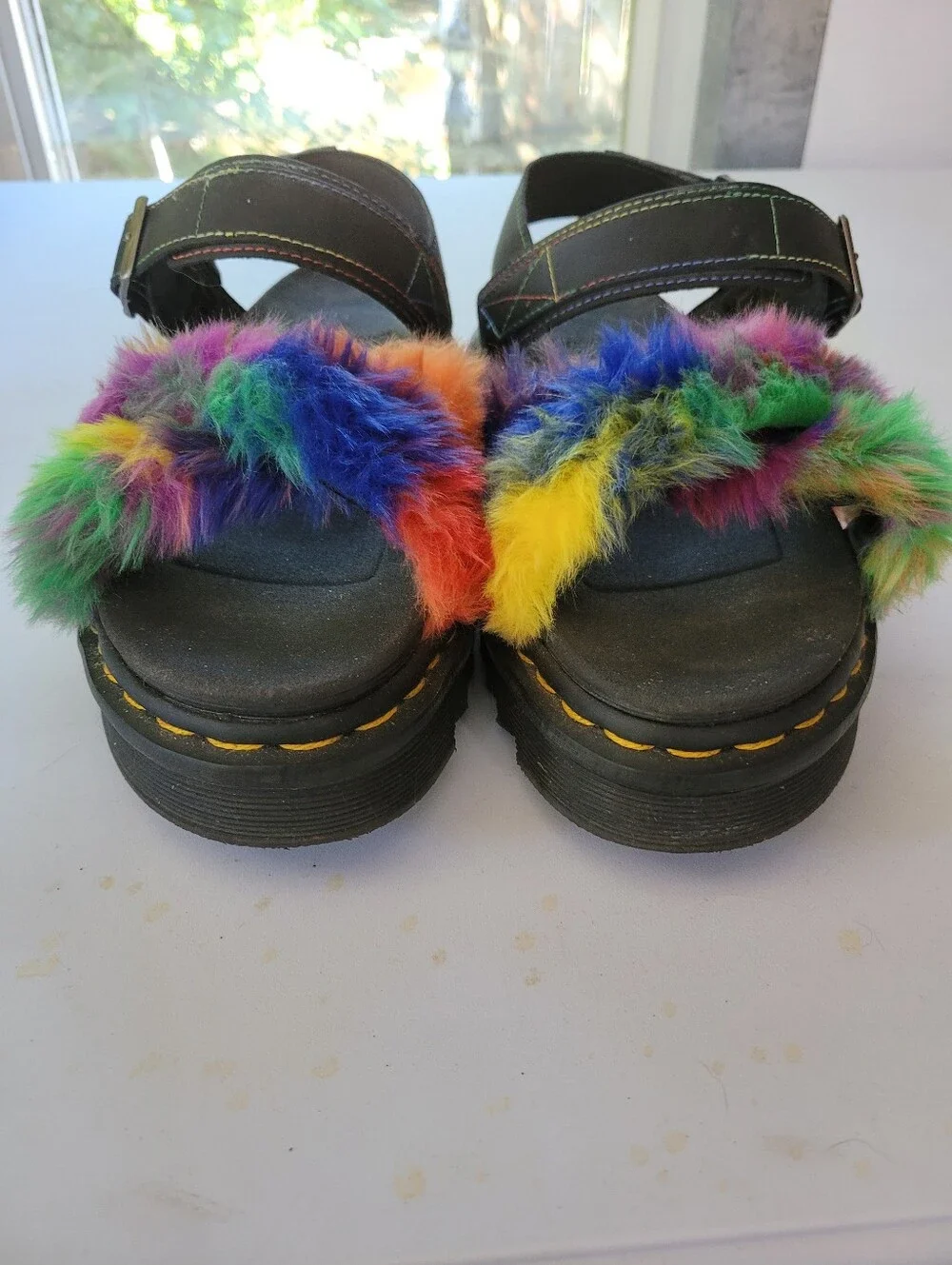 Dr. Martens 10 Black Platform Sandals with Rainbow Faux Fur Straps